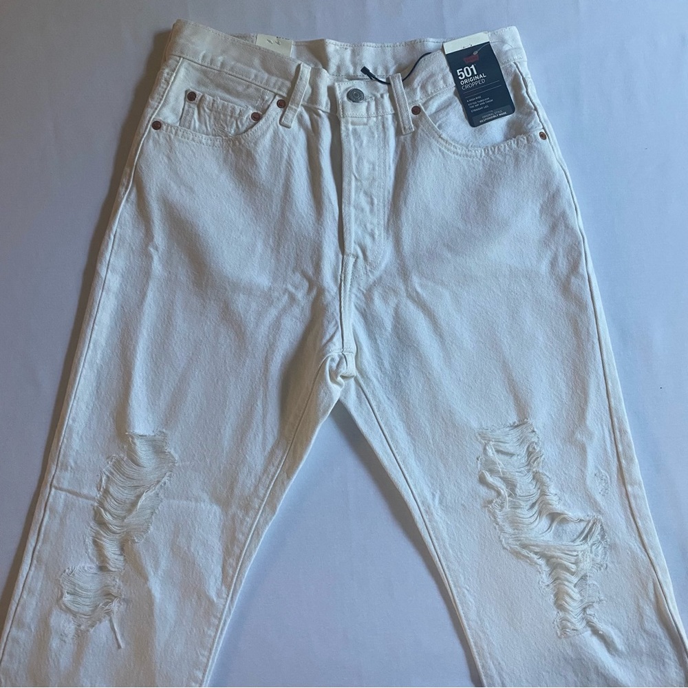 Levi's 501 Original Cropped Women's 29x25 Distressed High Rise Cream Jeans NEW